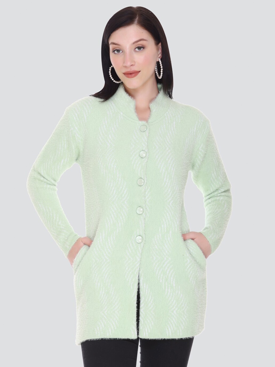 

Arshiya Women Sea Green Open Front Longline Cardigan with Fuzzy Detail