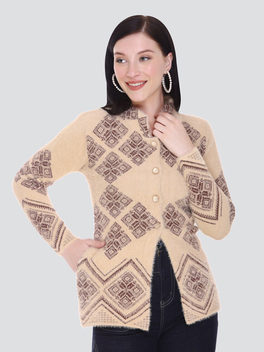 

Arshiya Women Camel Brown & Brown Open Front Cardigan with Fuzzy Detail