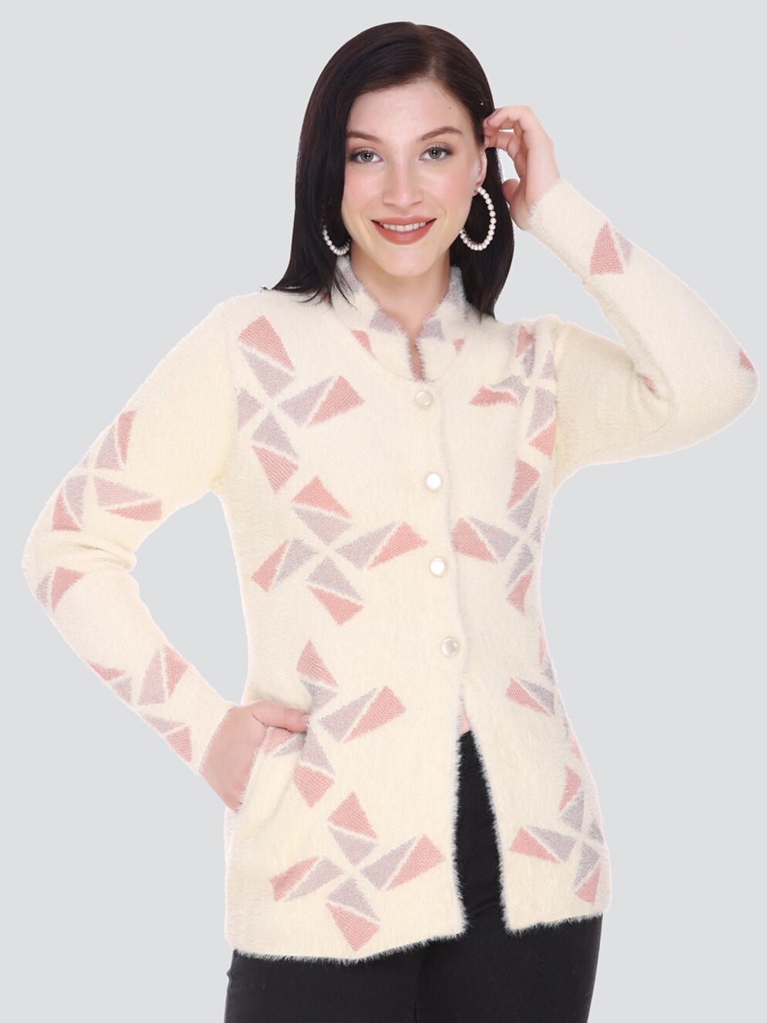 

Arshiya Women Cream-Coloured & Pink Open Front Cardigan with Fuzzy Detail