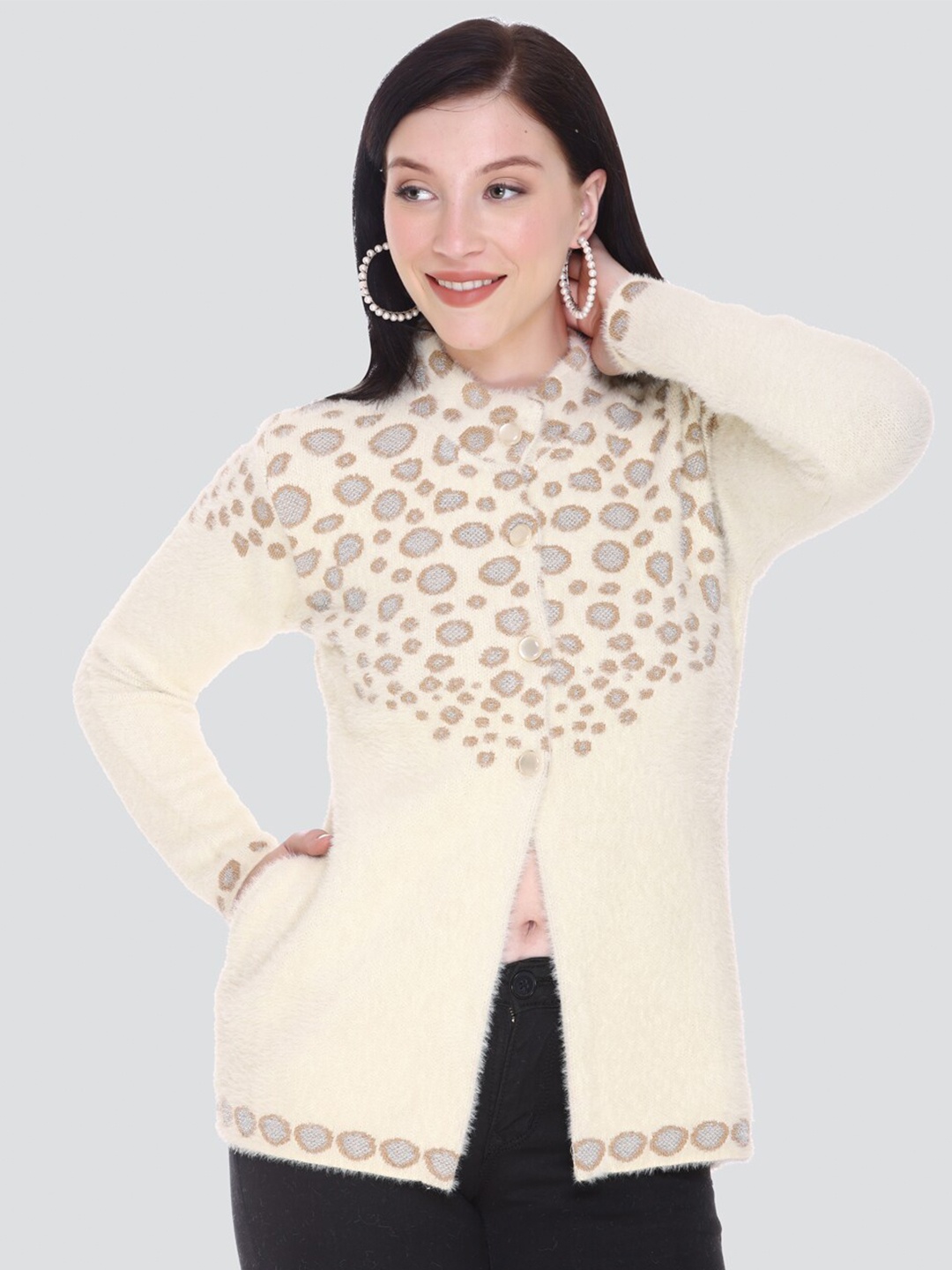 

Arshiya Women Cream-Coloured & Grey Open Front Cardigan with Fuzzy Detail