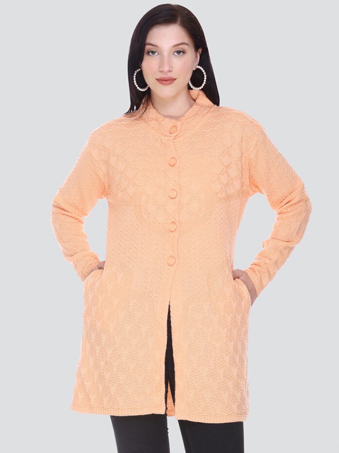 

Arshiya Women Orange Open Front Cable Knit Longline Cardigan