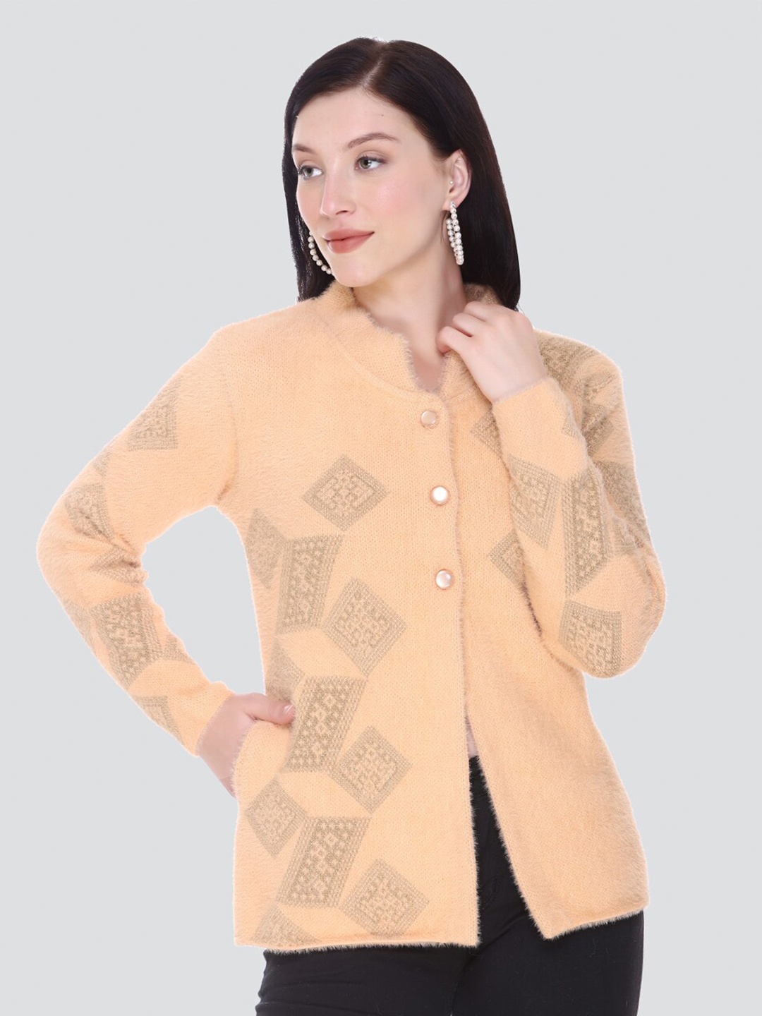 

Arshiya Women Orange & Grey Open Front Cardigan with Fuzzy Detail