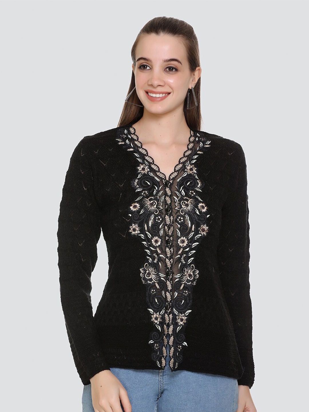 

Arshiya Women Black & Gold-Toned Embroidered Open Front Cardigan