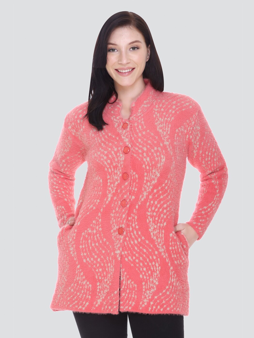 

Arshiya Women Pink & White Open Front Cardigan With Fuzzy Detail, Coral