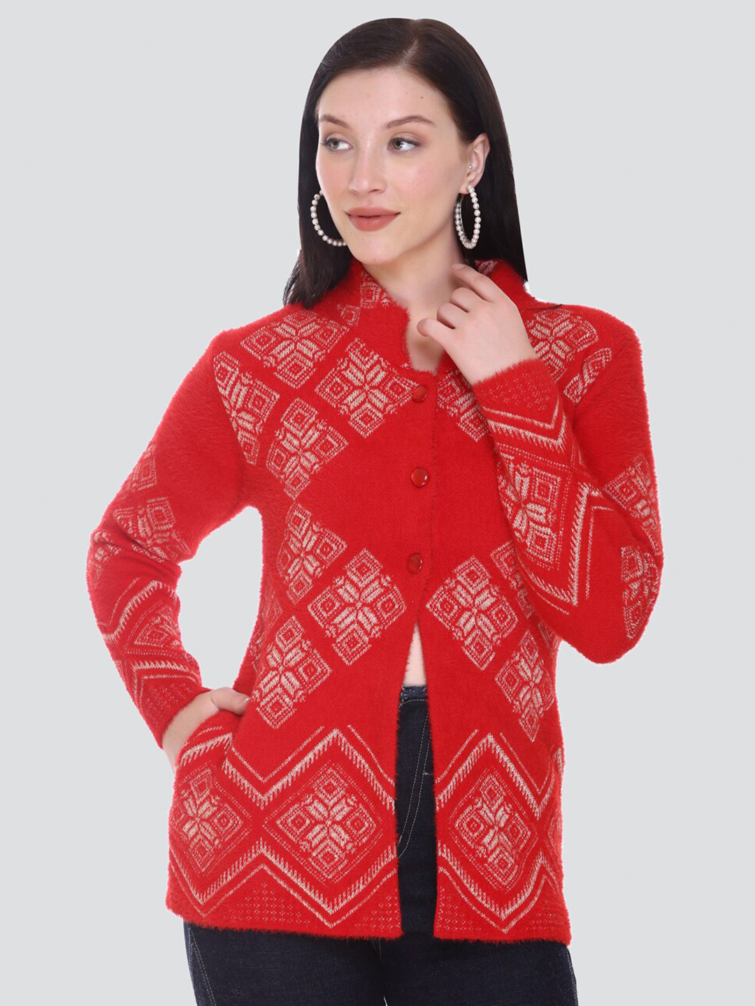 

Arshiya Women Red & White Open Front Cardigan with Fuzzy Detail