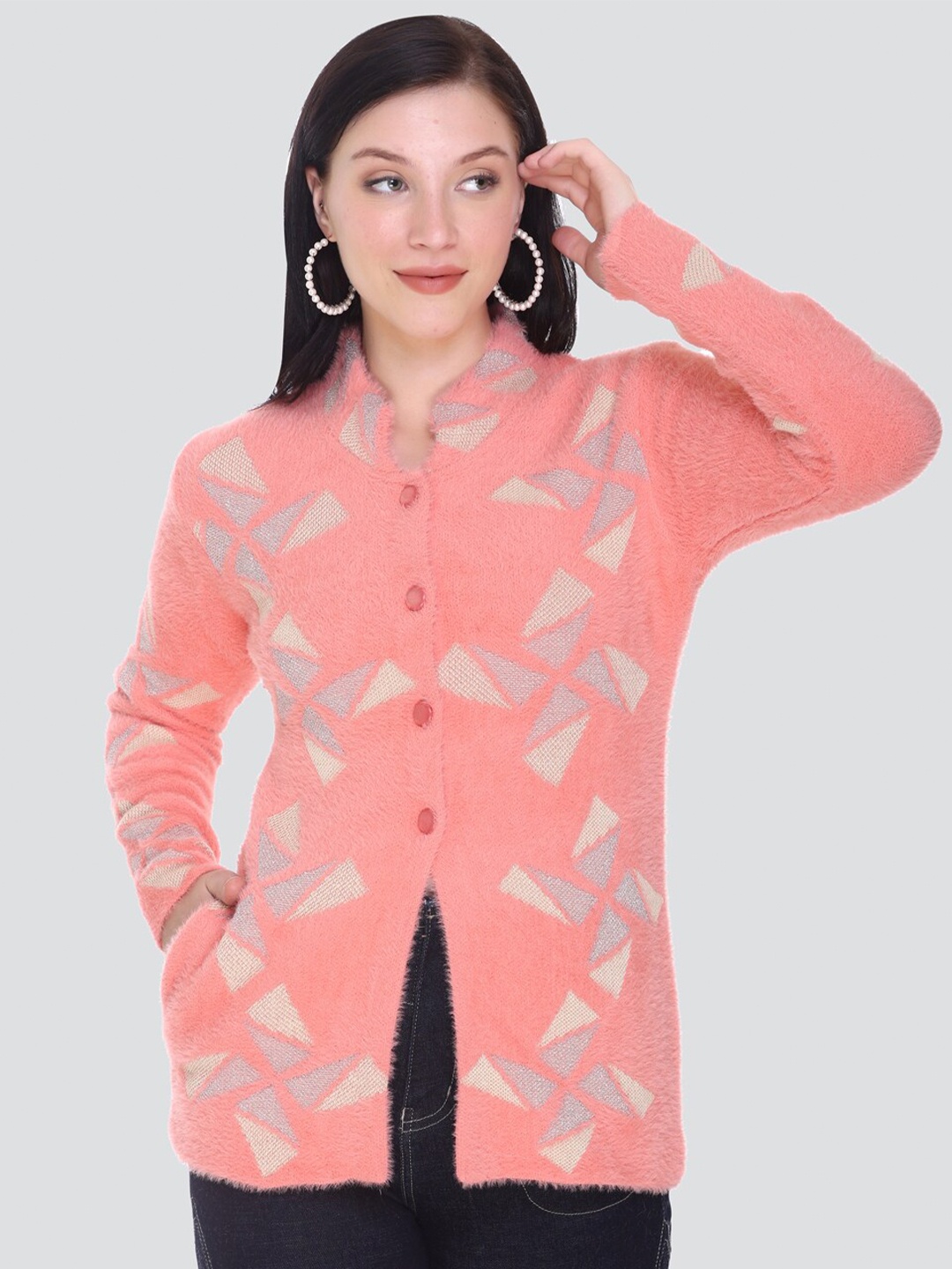 

Arshiya Women Coral & Grey Open Front Cardigan with Fuzzy Detail