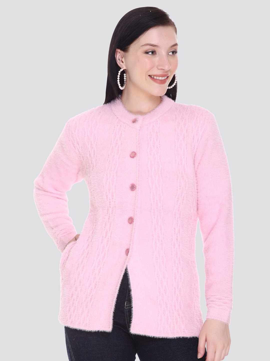 

Arshiya Women Pink Cable Knit Open Front Cardigan with Fuzzy Detail