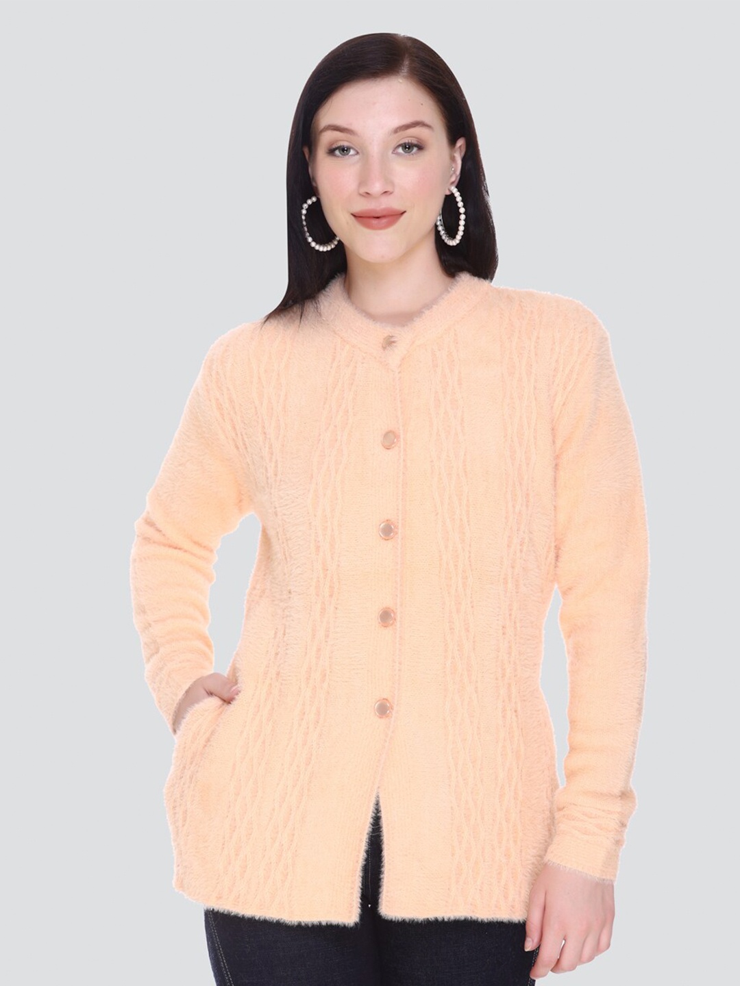 

Arshiya Women Orange Cable Knit Open Front Cardigan with Fuzzy Detail