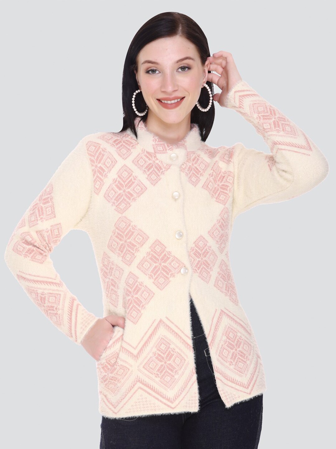 

Arshiya Women Cream-Coloured & Pink Open Front Cardigan with Fuzzy Detail