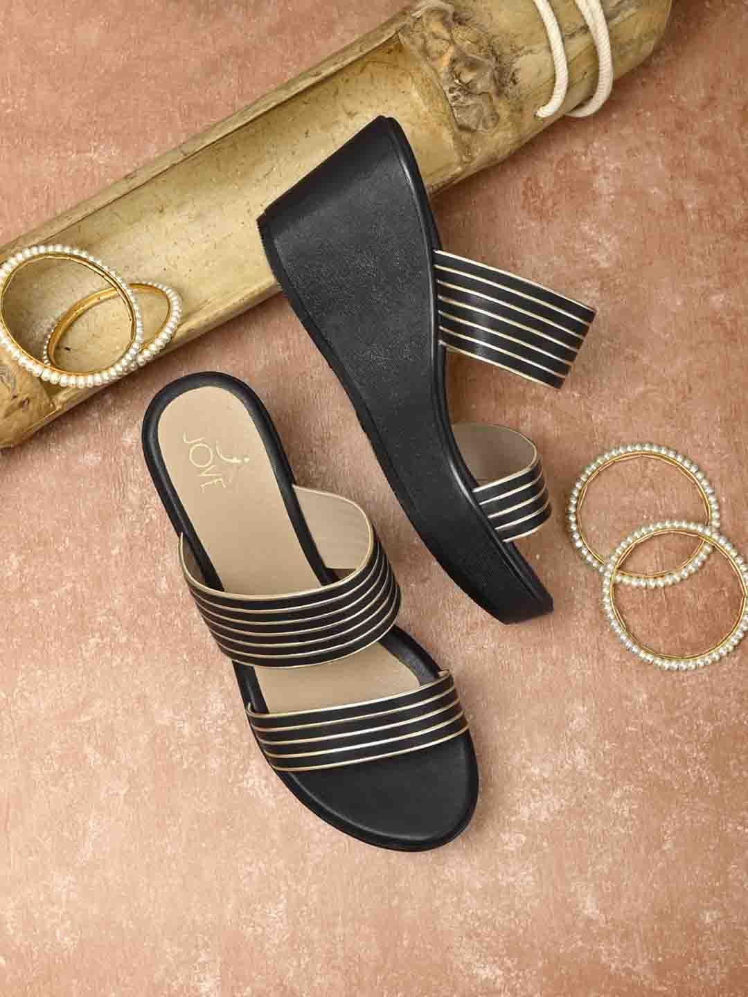 

Jove Striped Flatform Sandals Heels, Black