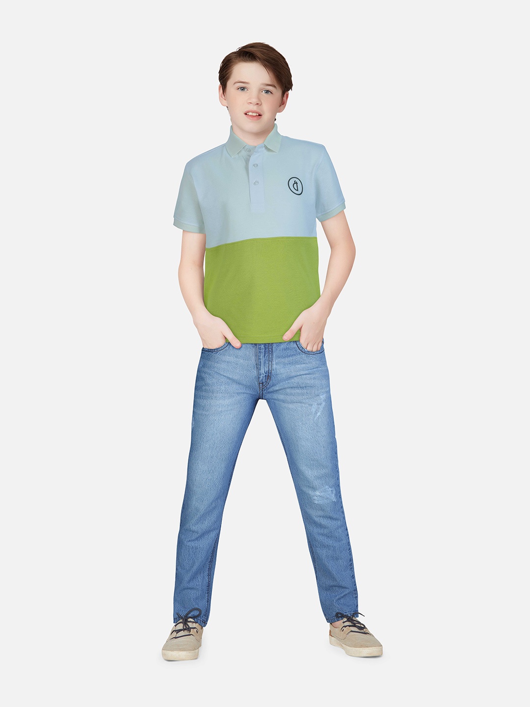 

Gini and Jony Boys Blue & Olive Green Colourblocked Polo Collar Cotton T-shirt