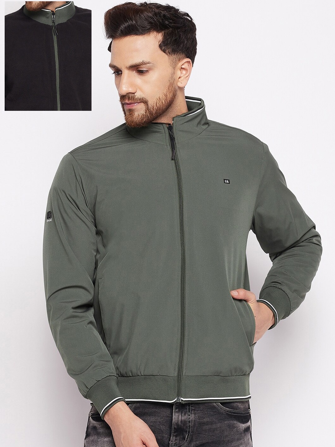 

Okane Men Olive Green Black Reversible Bomber Jacket