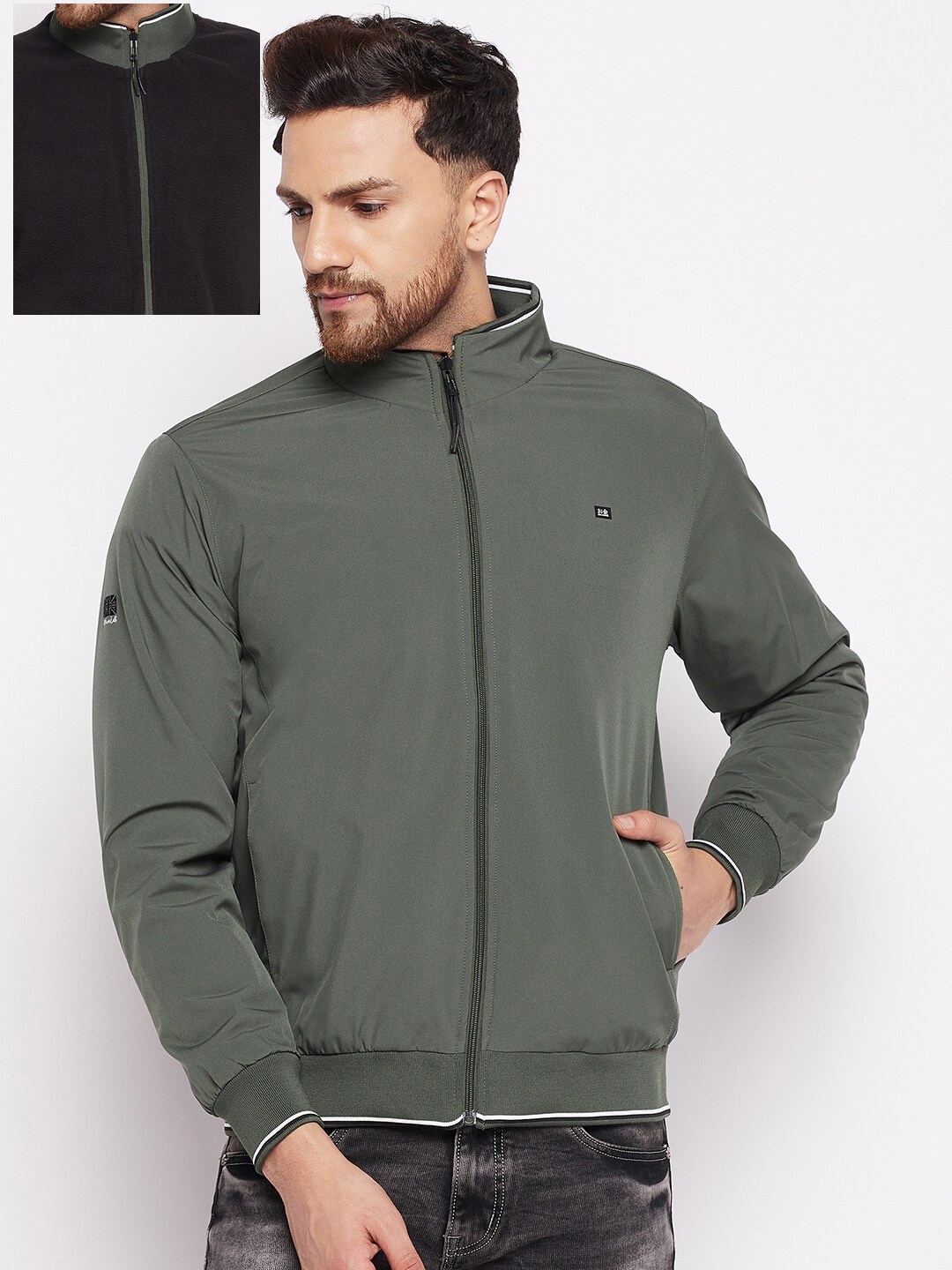 

Okane Men Olive Green Black Reversible Bomber Jacket