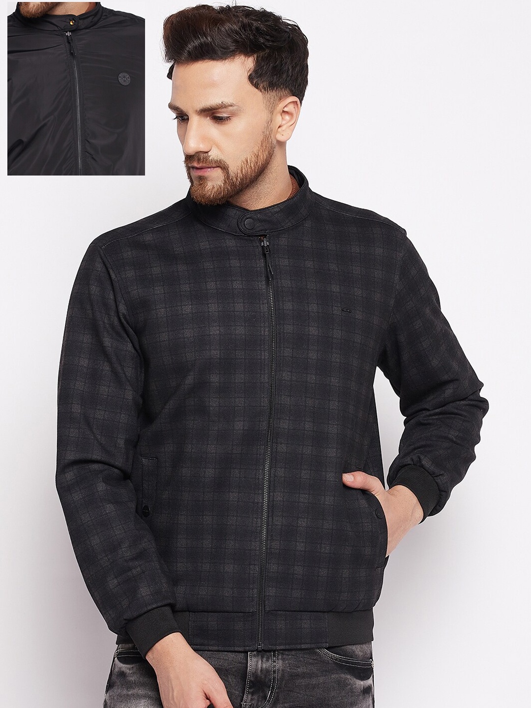 

Okane Men Black Checked Reversible Bomber Jacket