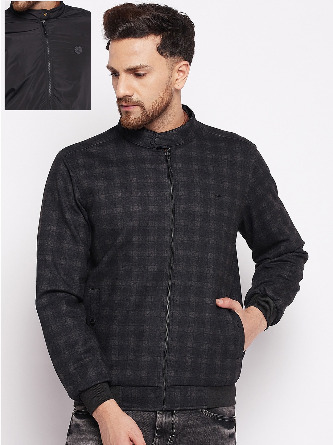 

Okane Men Black Checked Reversible Bomber Jacket