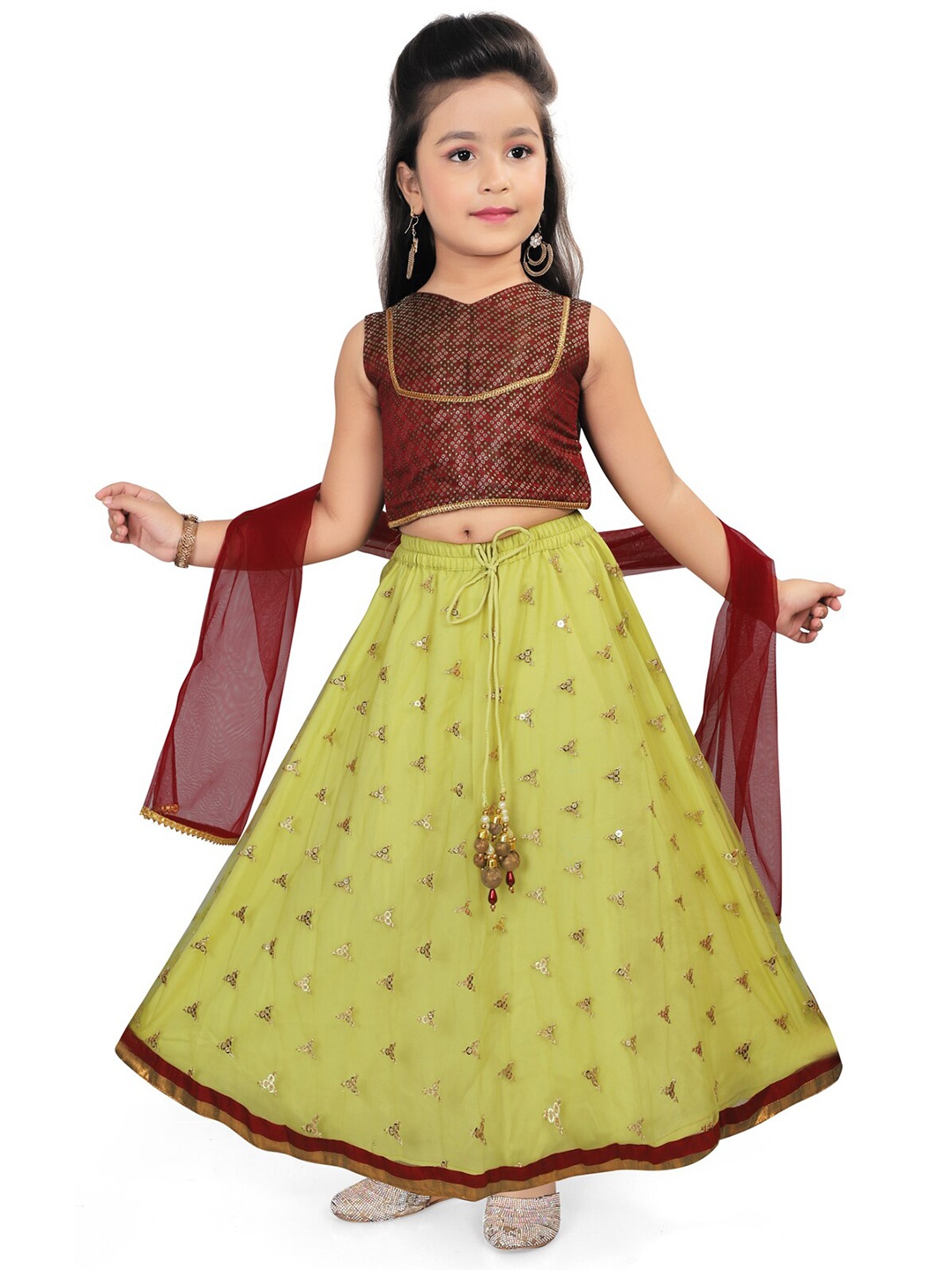 

SALWAR STUDIO Girls Maroon & Green Embroidered Sequinned Ready to Wear Lehenga & Blouse With Dupatta