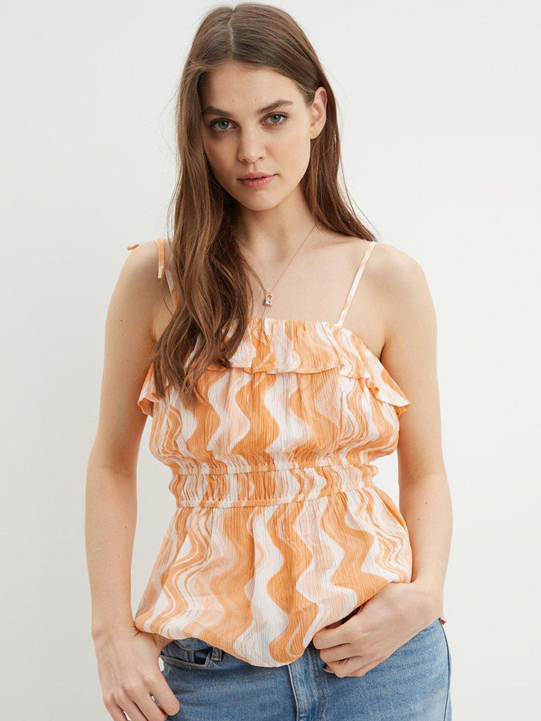 

DOROTHY PERKINS Mustard Yellow & Off White Printed Ruffles Cinched Waist Cami Top