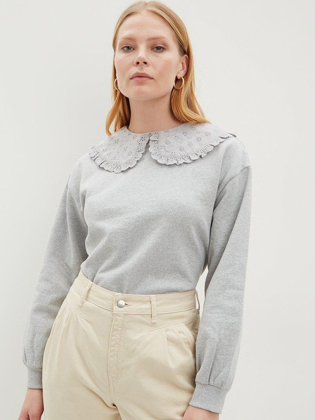 

DOROTHY PERKINS Grey Melange Solid Broderie Collar Sweatshirt