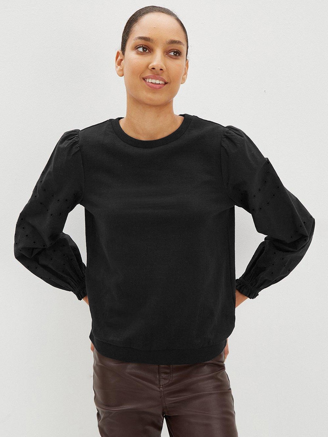 

DOROTHY PERKINS Women Black Schiffli Sleeves Sweatshirt