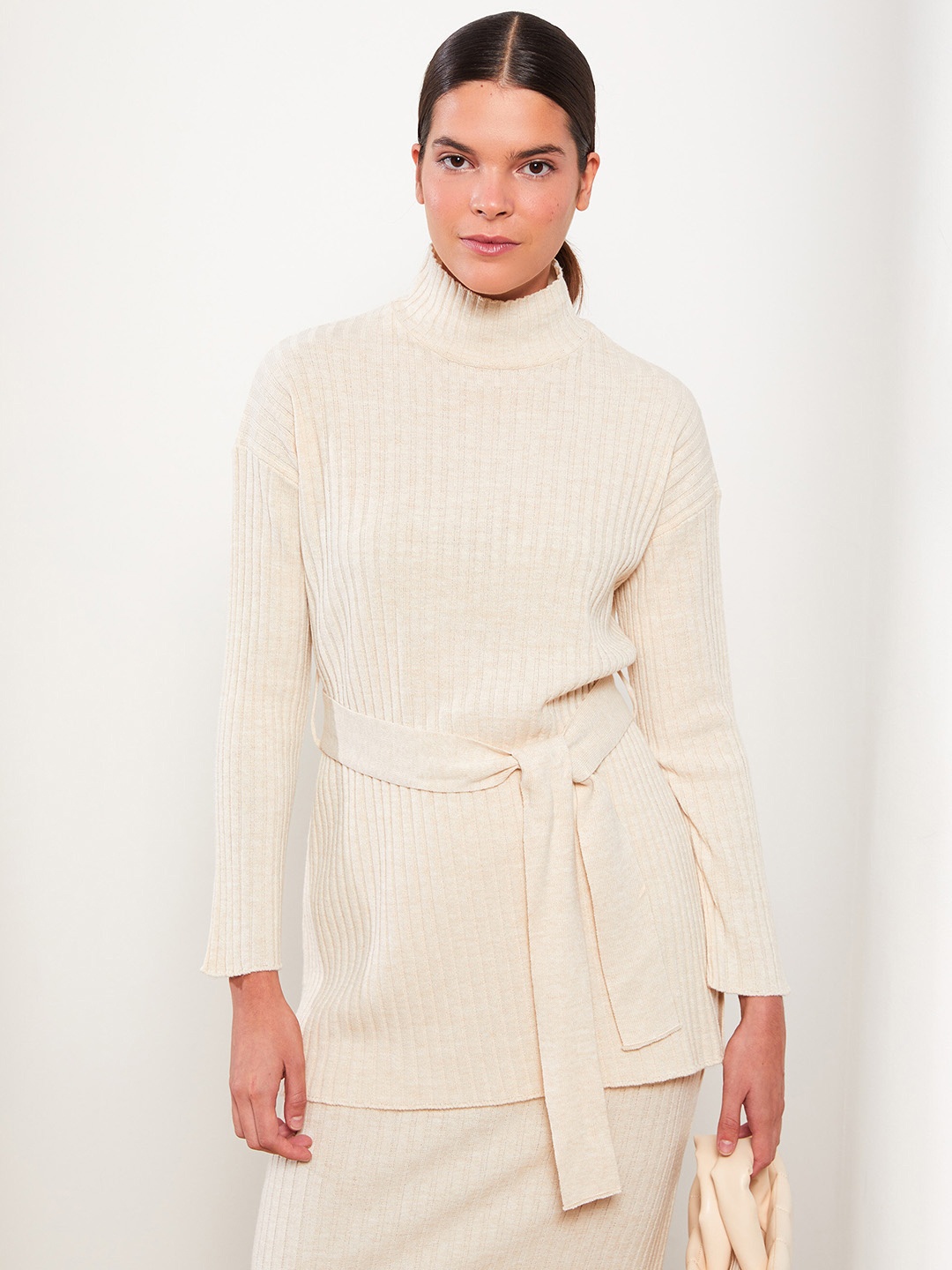 

LC Waikiki Women Off White Longline Sweater with Belted Detail