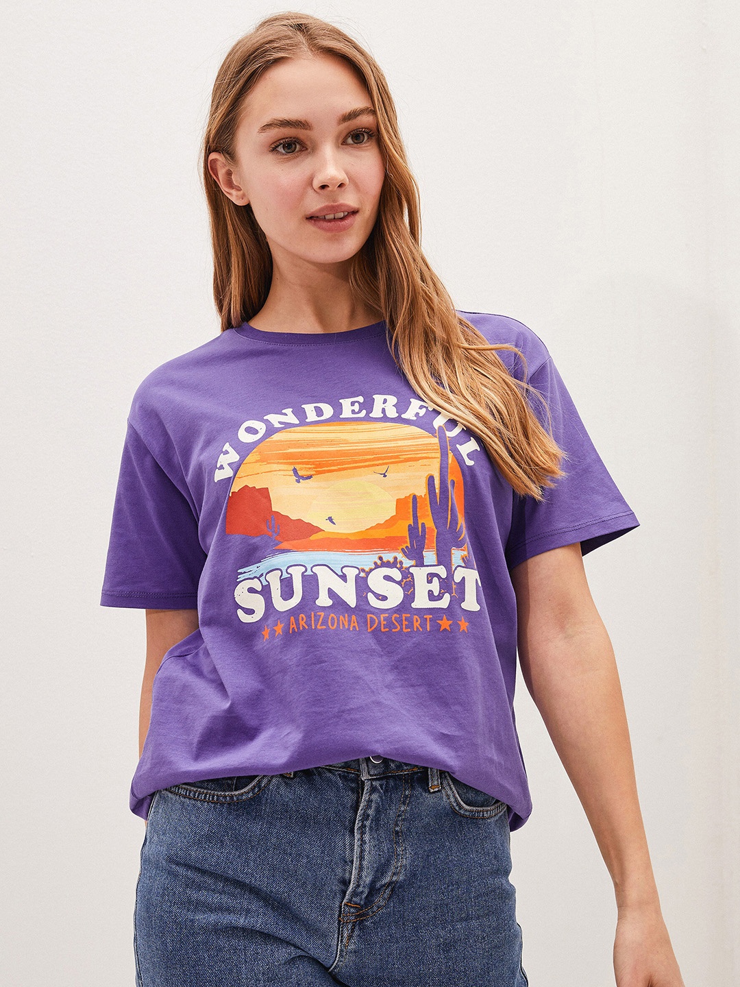 

LC Waikiki Women Printed Drop-Shoulder Sleeves Pure Cotton T-shirt, Purple