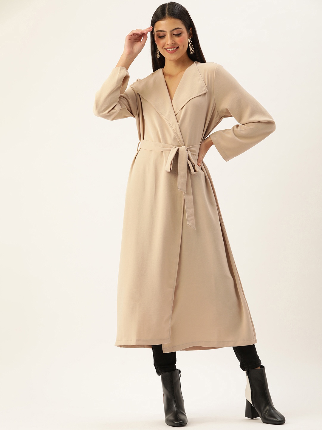 

LC Waikiki Women Solid Long Sleeves Longline Wrap Coat, Beige