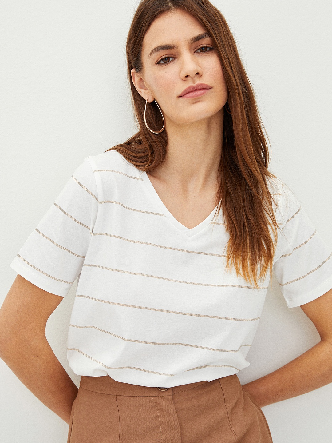 

LC Waikiki Women Striped V-Neck T-shirt, White