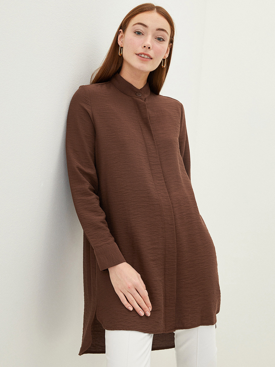 

LC Waikiki Brown Mandarin Collar Shirt Style Longline Top