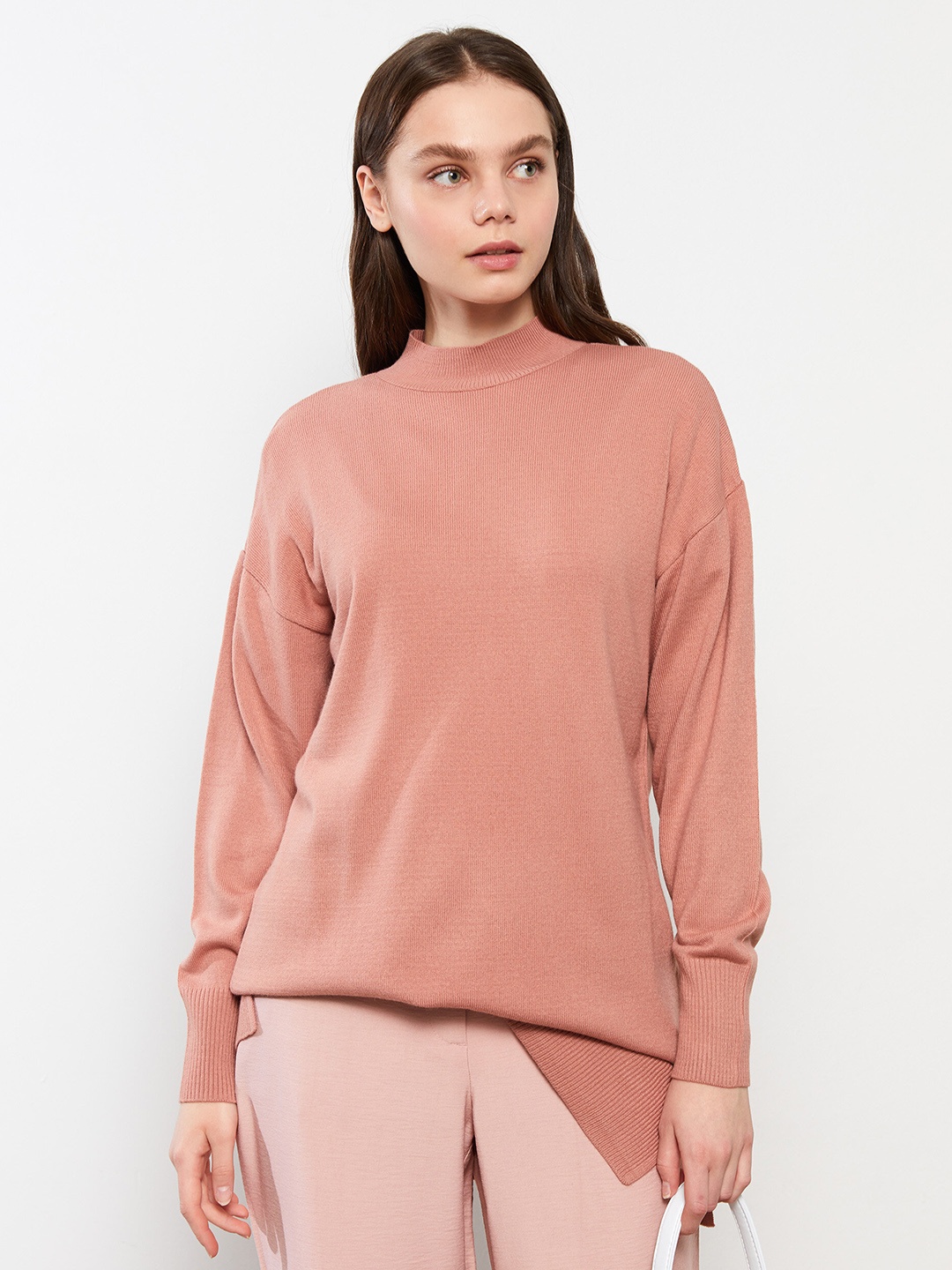 

LC Waikiki Dusty Pink Solid Acrylic Drop-Shoulder Sleeves Longline Pullover, Rose