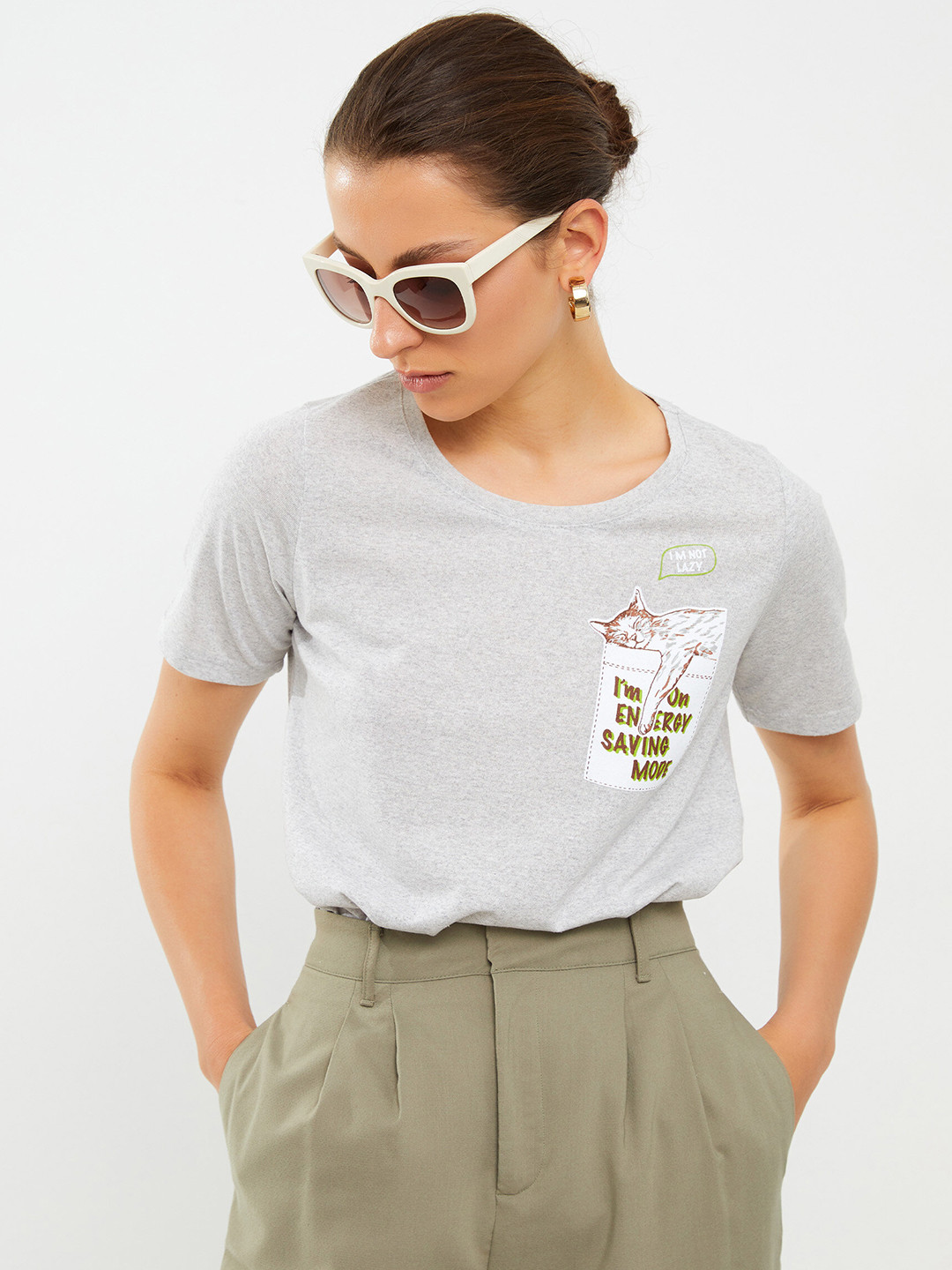 

LC Waikiki Women Grey Melange & White Typography Printed T-shirt