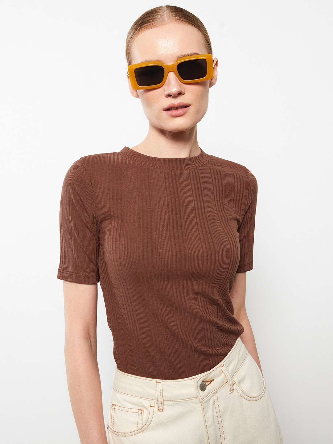 

LC Waikiki Women Slim Fit Self-Striped Top, Brown