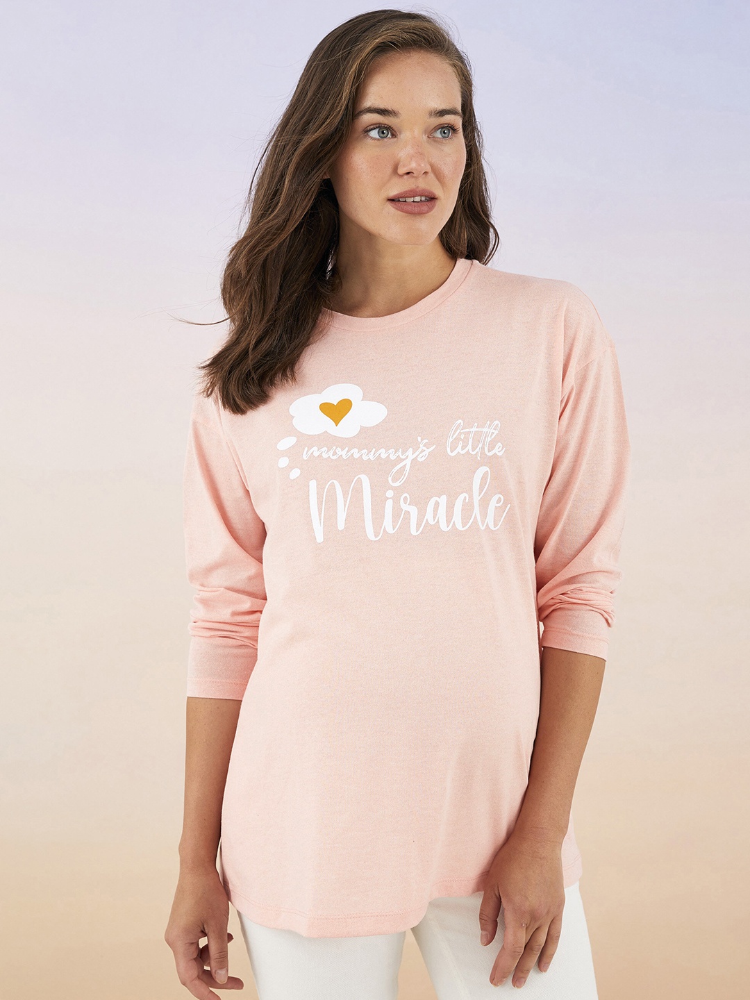 

LC Waikiki Women Typography Printed Drop-Shoulder Sleeves Maternity T-shirt, Pink