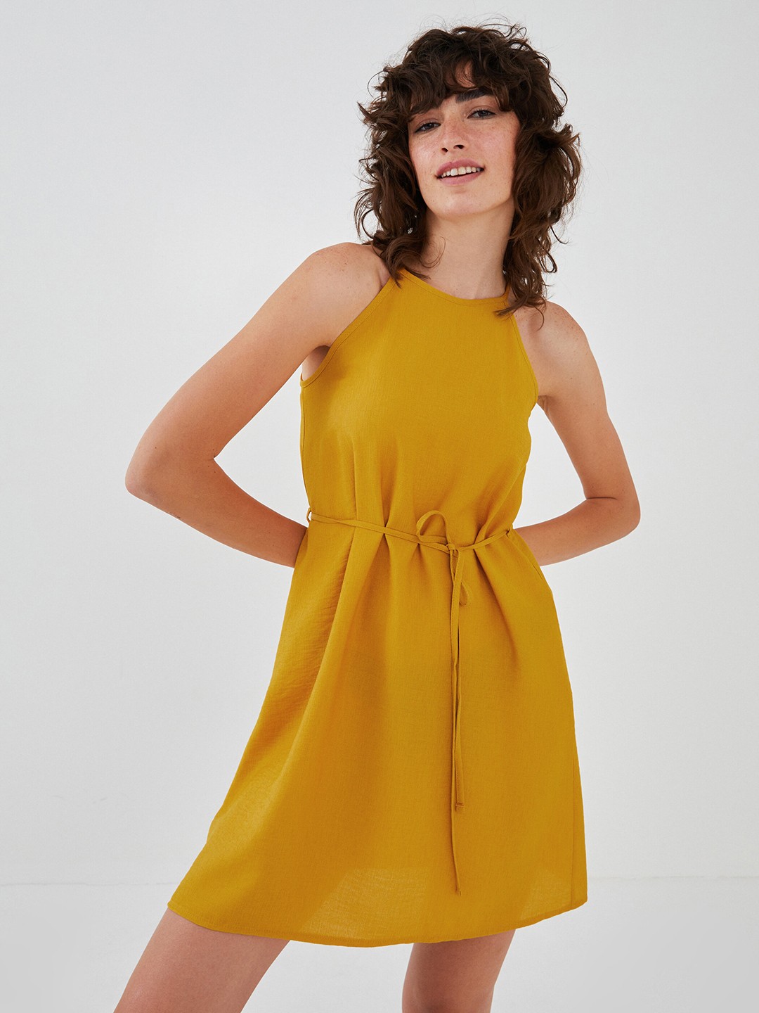 

LC Waikiki Mustard Yellow Solid A-Line Mini Dress with Belt