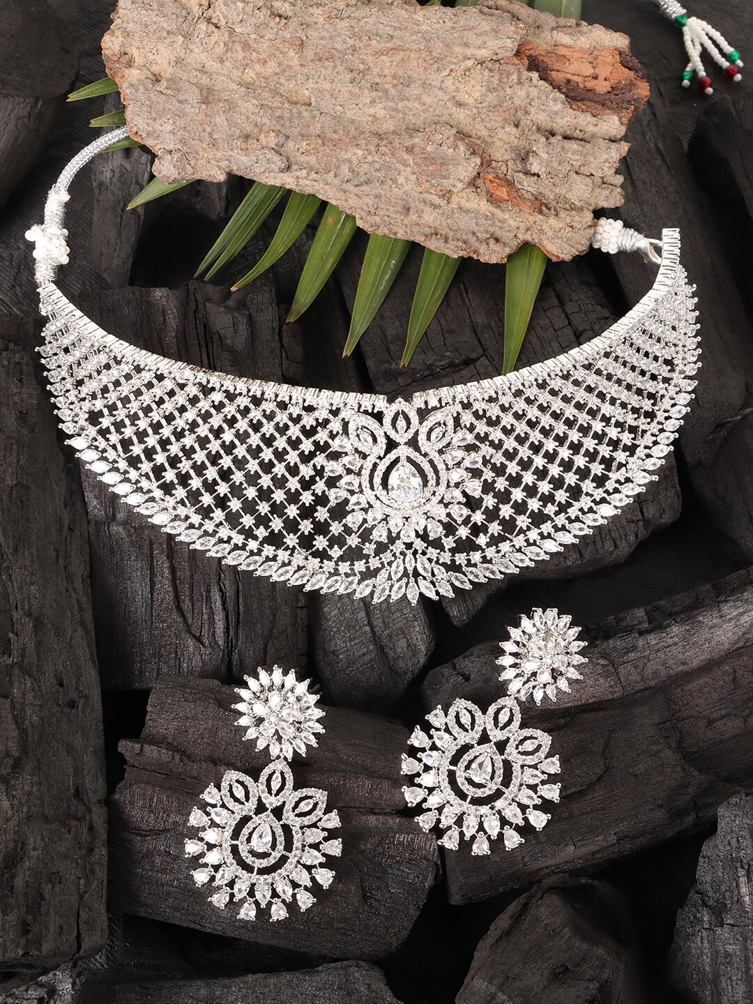 

JEWELS GEHNA Silver-Plated Silver-Toned AD Stone Studded Jewellery Set