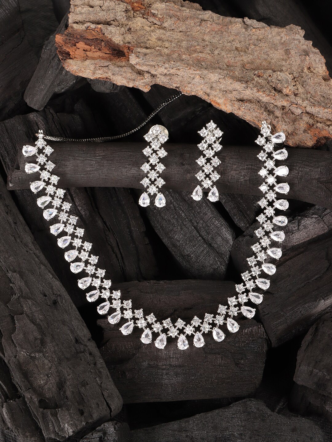 

JEWELS GEHNA Silver-Plated White AD Stone-Studded Jewellery Set