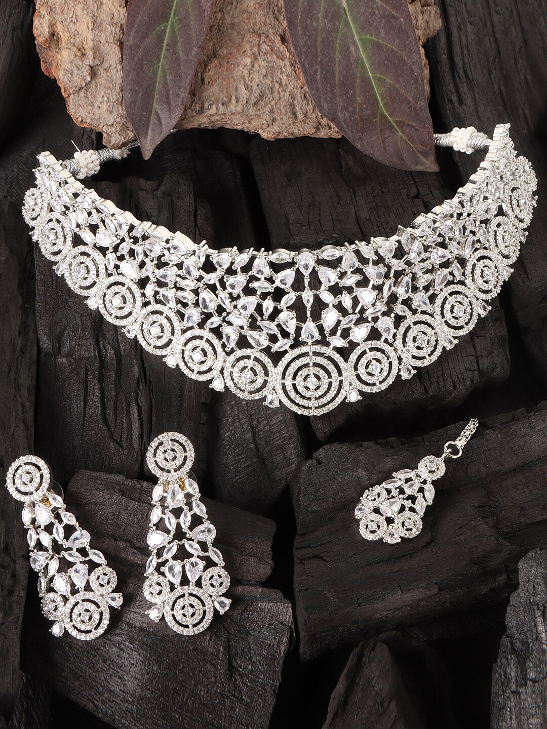 

JEWELS GEHNA Women White & Silver-Plated AD Stone Studded Jewellery Set