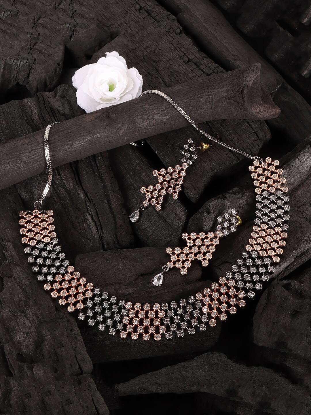 

JEWELS GEHNA Women Pink & Silver Rhodium-Plated AD-Studded Jewellery Set