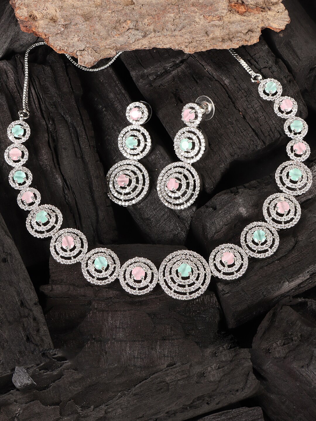 

JEWELS GEHNA Women White & Pink Silver-Plated AD-Studded Necklace and Earrings