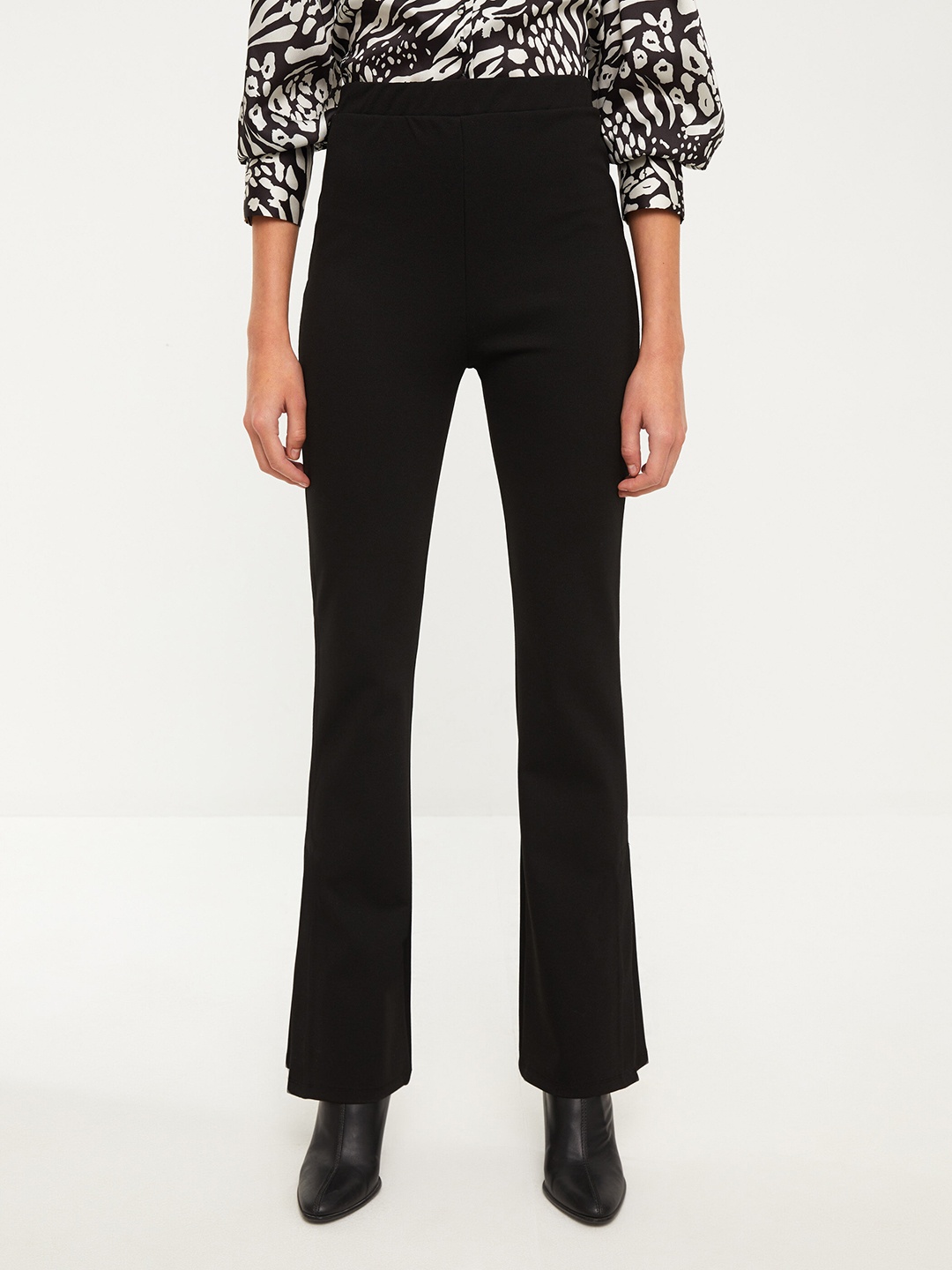 

LC Waikiki Women Black Solid Flared High-Rise Knitted Trousers
