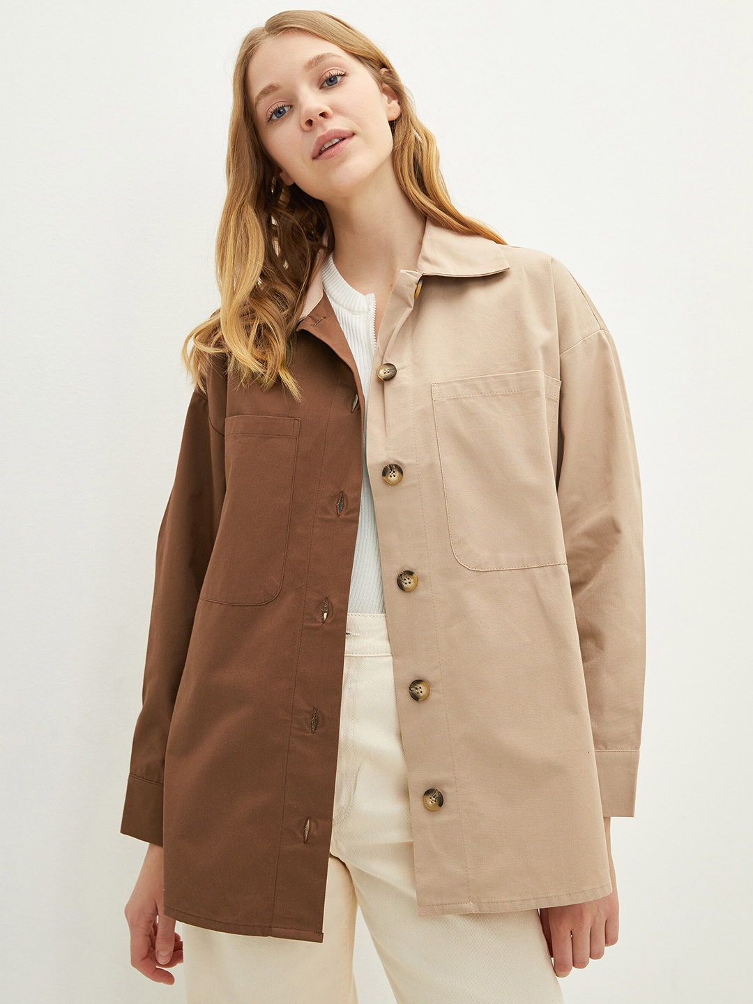 

LC Waikiki Women Cotton Colourblocked Gabardine Shacket, Brown