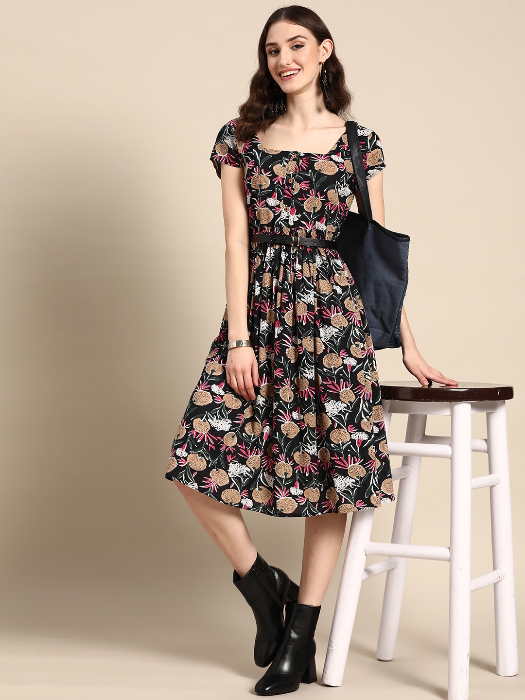 

Sangria Floral Printed Fit & Flare Ethnic Dress, Black