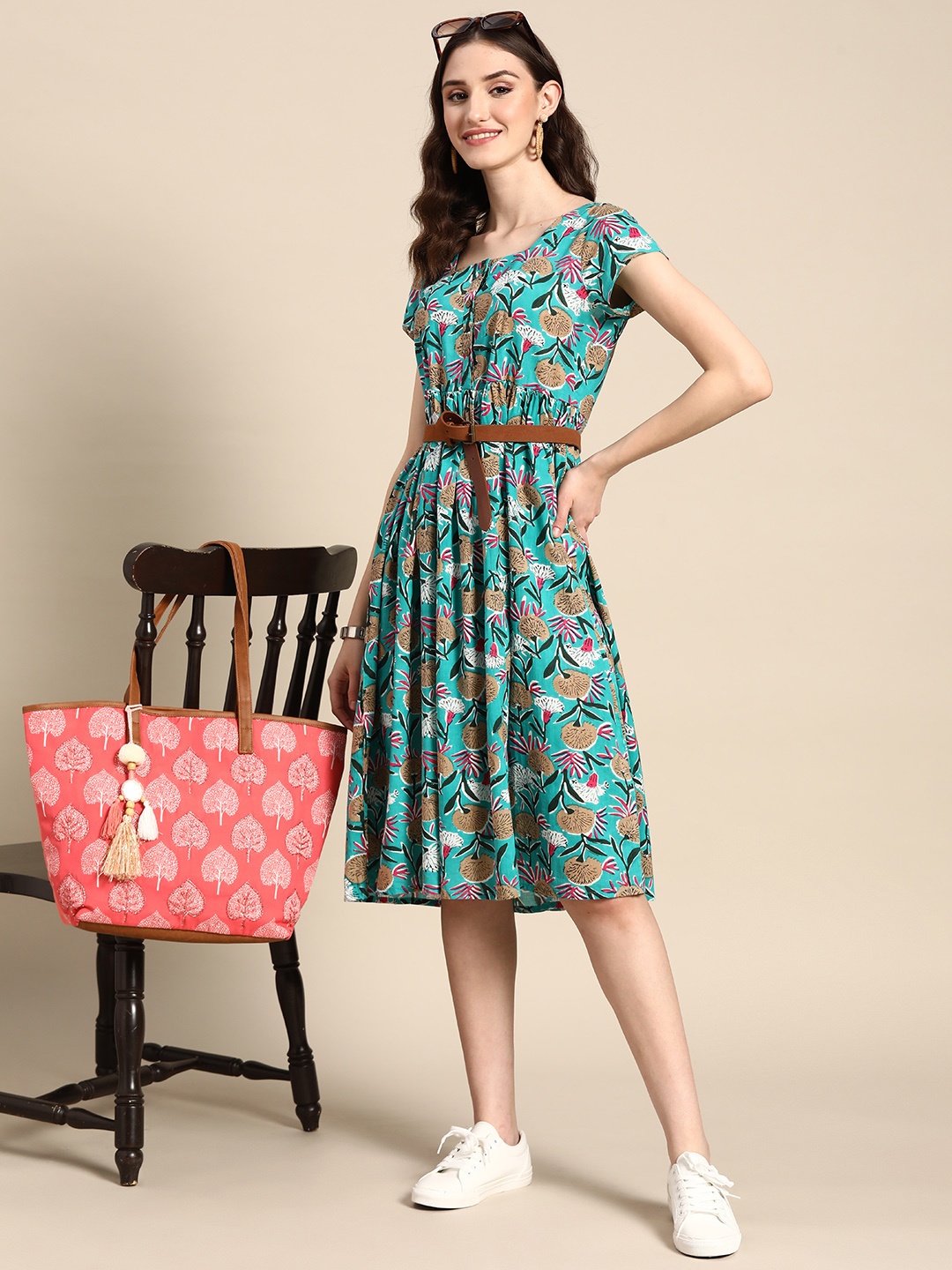 

Sangria Floral Printed Square Neck Pure Cotton Fit & Flare Dress, Teal