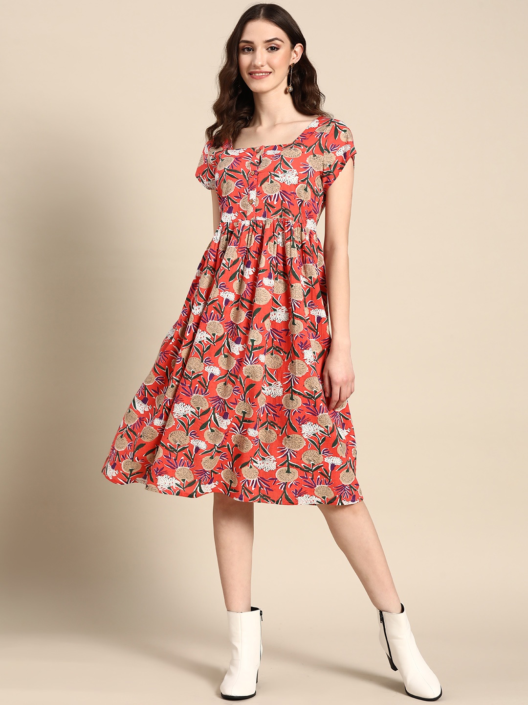

Sangria Floral Printed Square Neck Pure Cotton Fit & Flare Dress, Orange