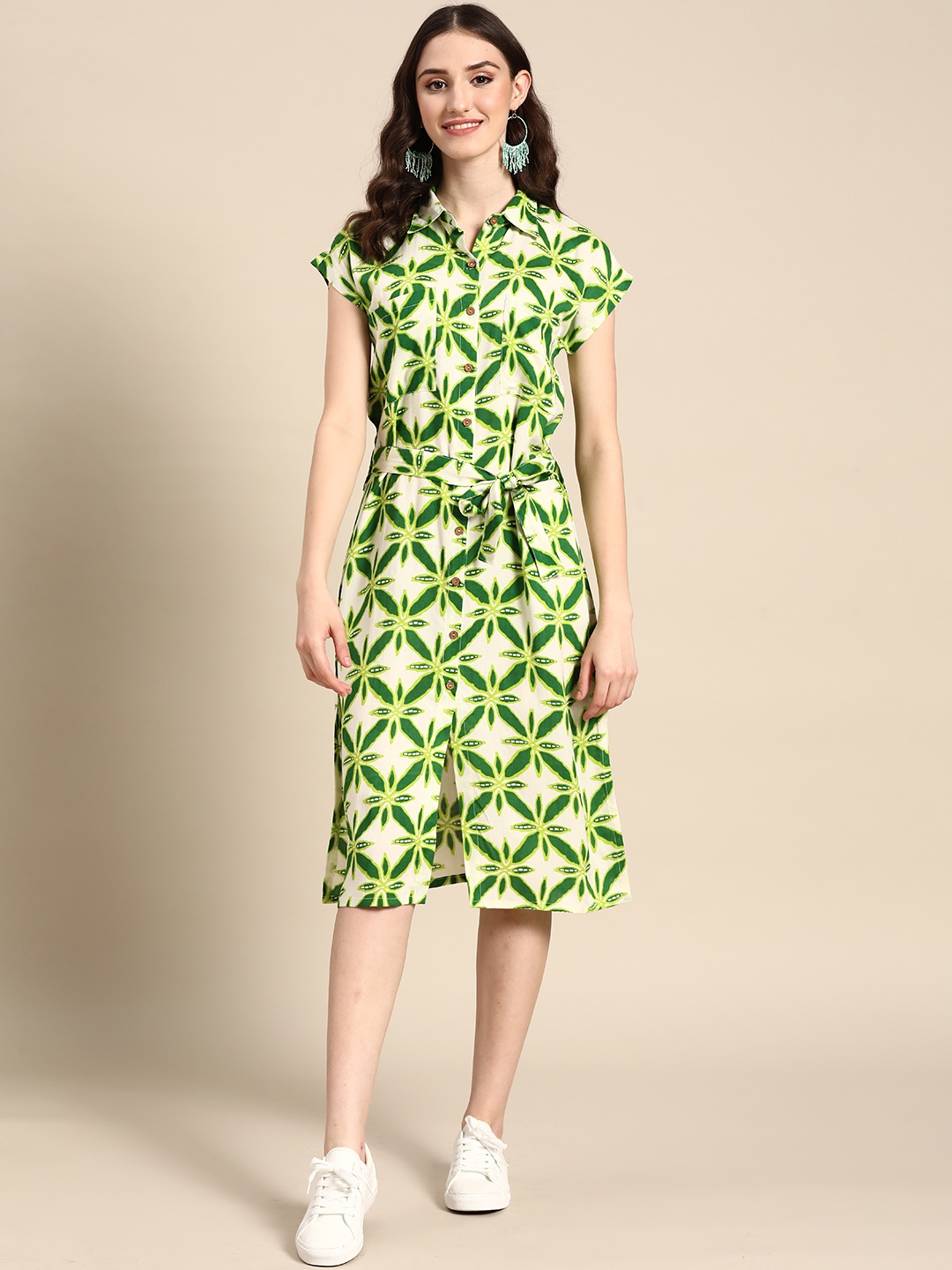 

Sangria Women Printed Shirt Dress with Belt, Green