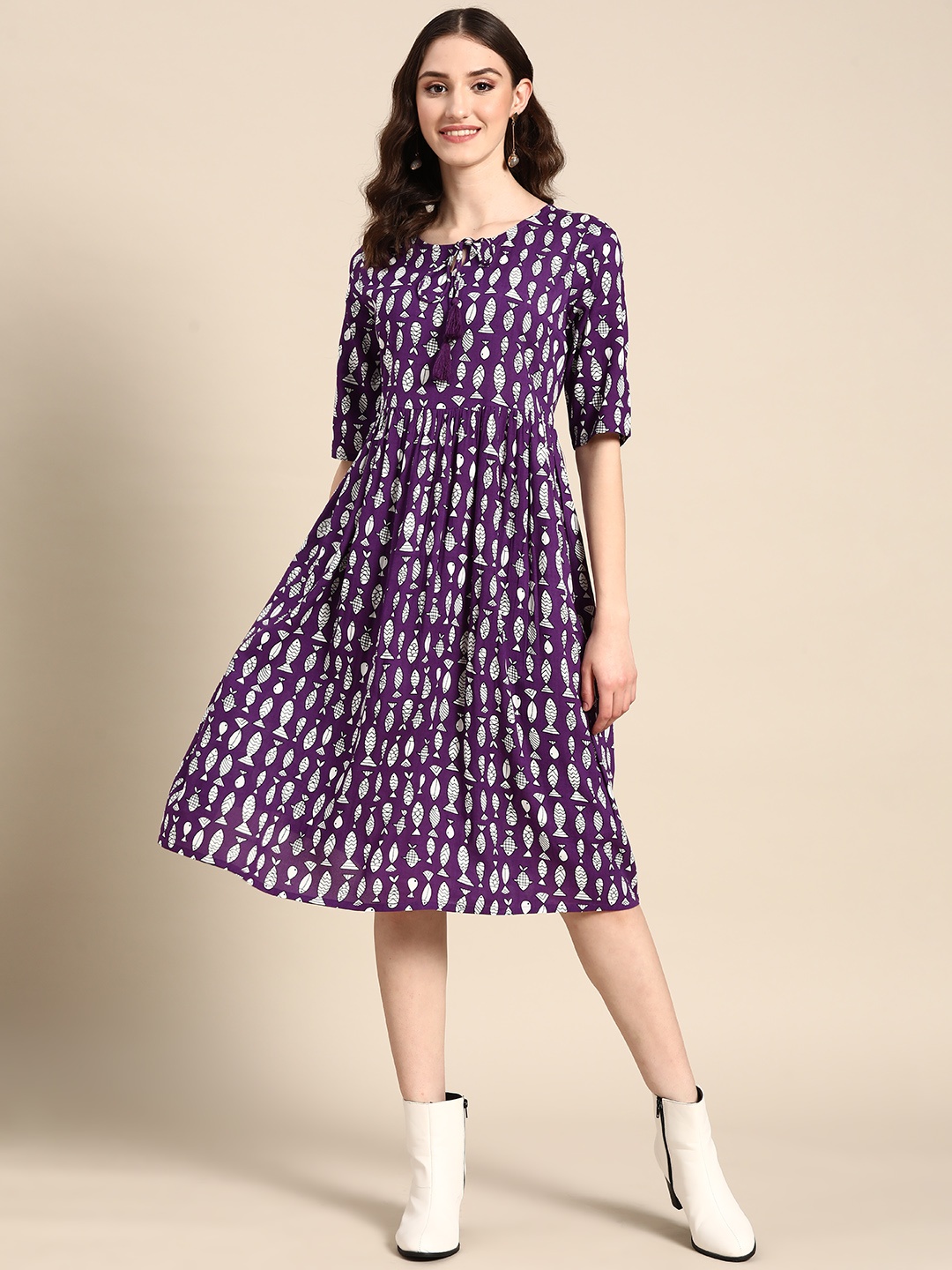 

Sangria Tie-Up Neck Printed Ethnic A-Line Midi Dress, Purple