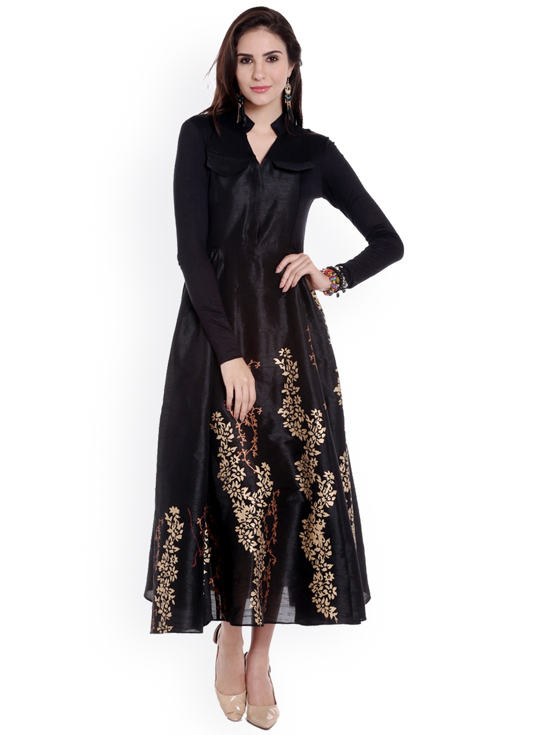 

Ira Soleil Women Black & Gold-Toned Woven Design A-Line Kurta