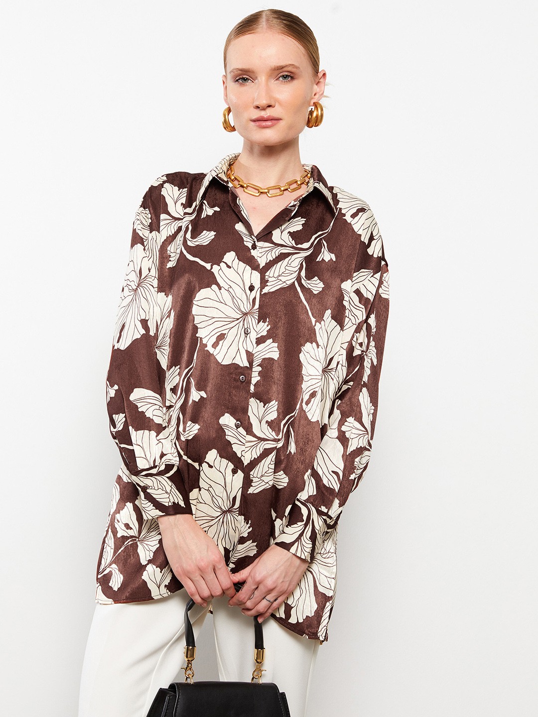 

LC Waikiki Women Brown Floral Printed Satin Casual Shirt
