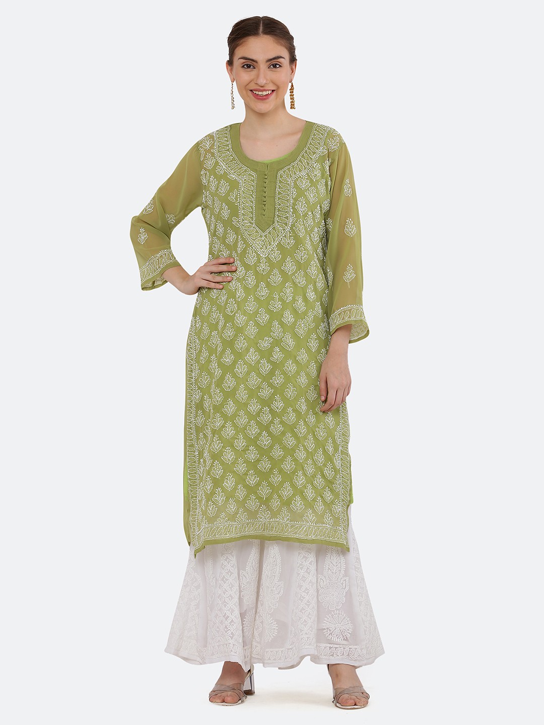 

FAWOMENT Women Ethnic Motifs Embroidered Kurta, Green
