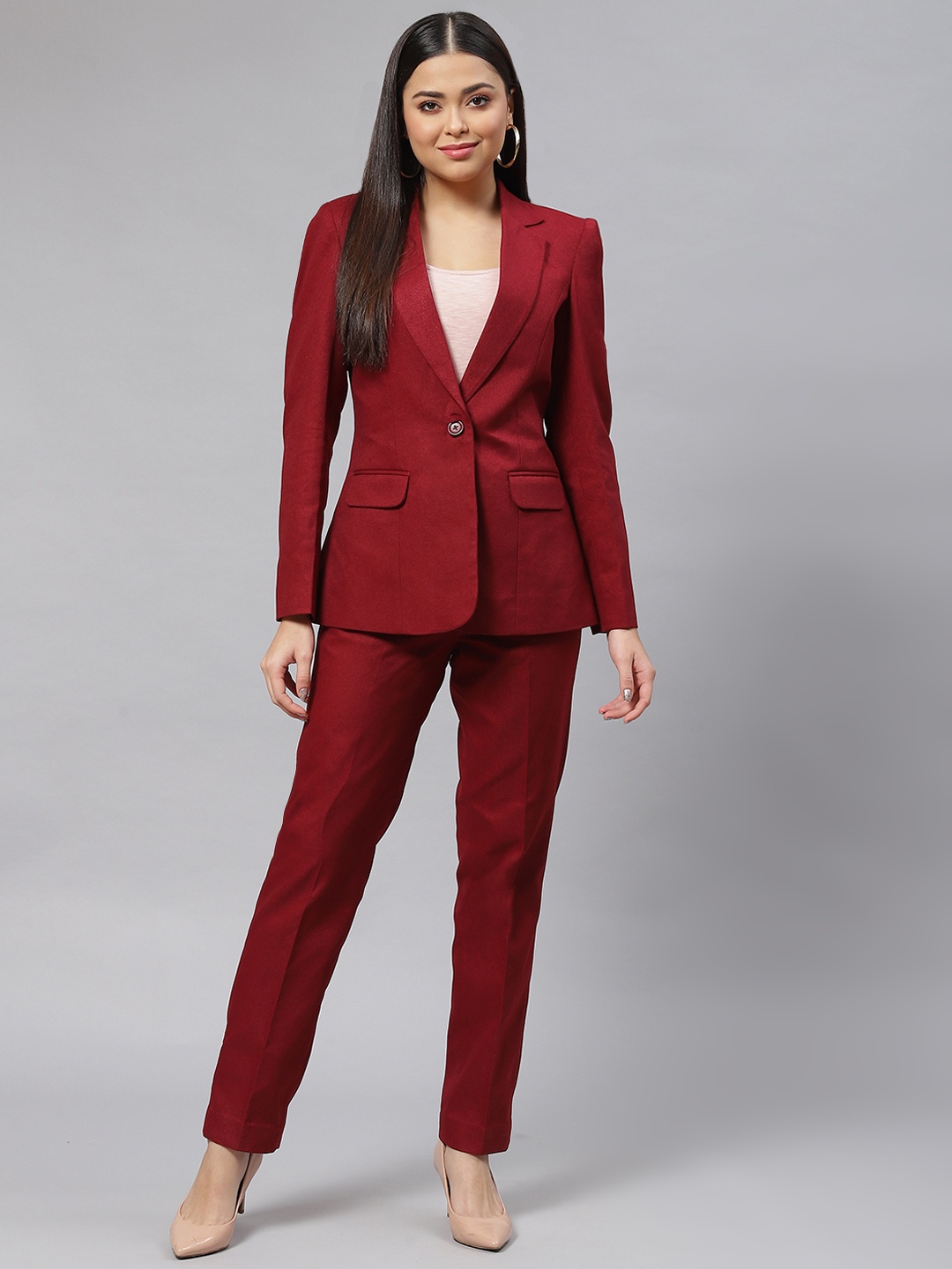 

PowerSutra Women Maroon Solid Blazer & Trousers Set
