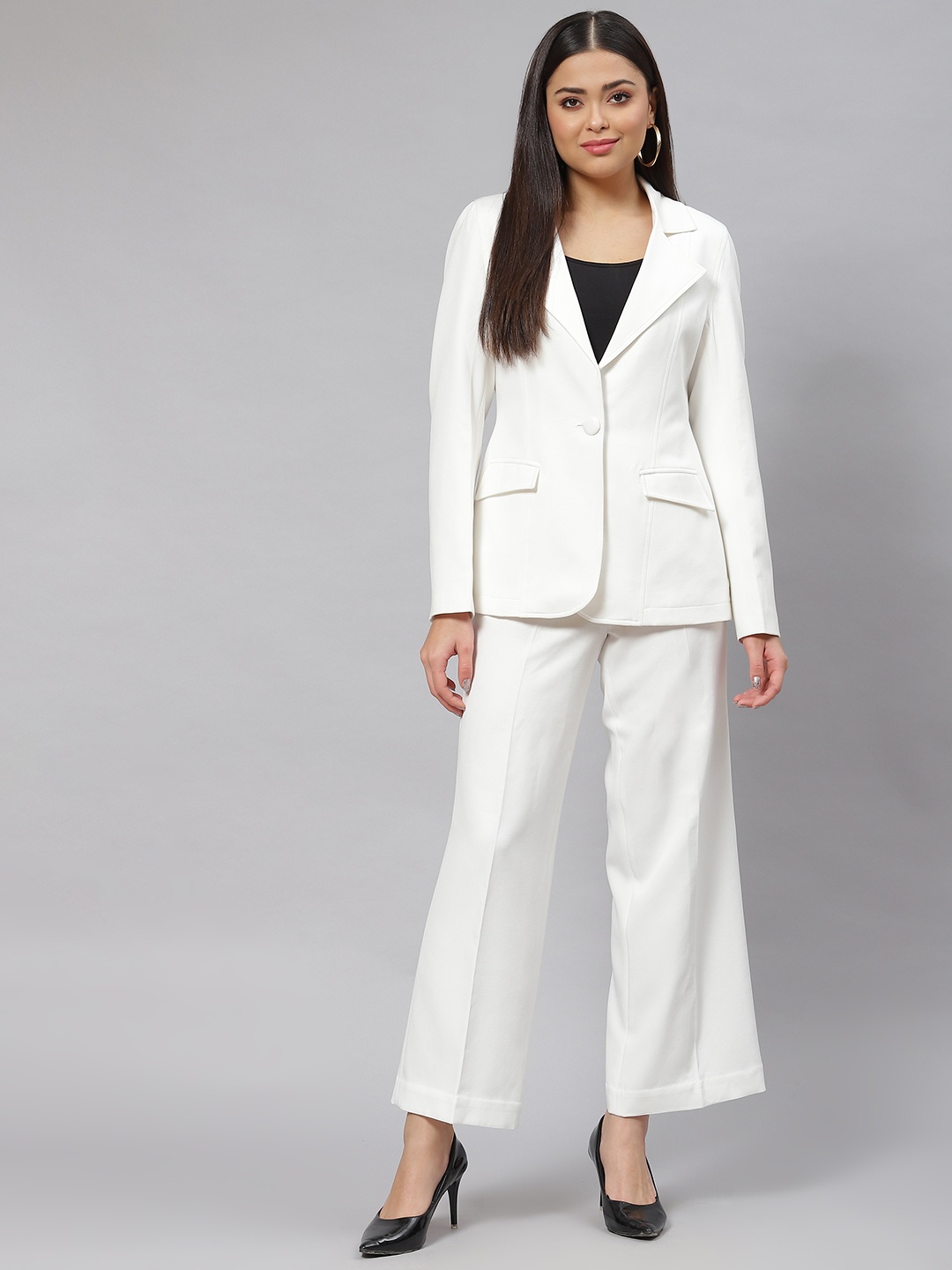 

PowerSutra Women White Solid Blazer & Trousers Set